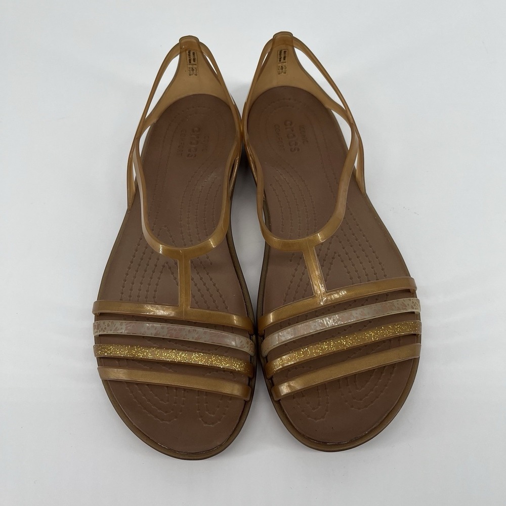 Crocs Isabella T-Strap Jelly Sandals Womens 7 Gold Bronze Glitter Comfort Shoes